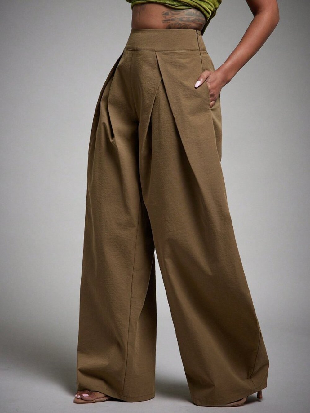 Brown Elegant Women's Draped High Waist Loose Extra Long Plain Trousers - Picture 3 of 5